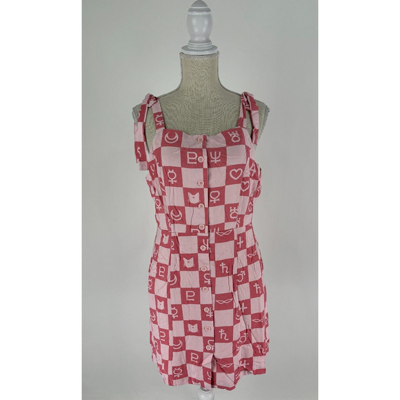 Sailor Moon Womens Pink Checker Shift Dress Sleeveless Button Front Size MD NWT - Picture 4 of 16